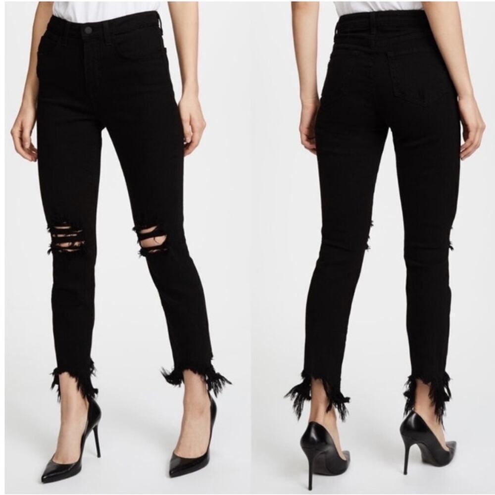 L'AGENCE High Line Skinny Crop Black Distressed Knee Jeans - Picture 2 of 6